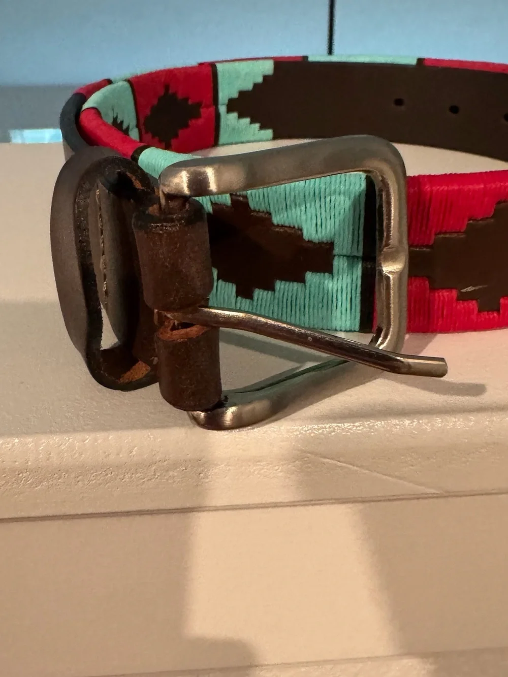 Argentina Polo Club Handwoven Leather Belt Pink & Turquoise Geometric Pattern